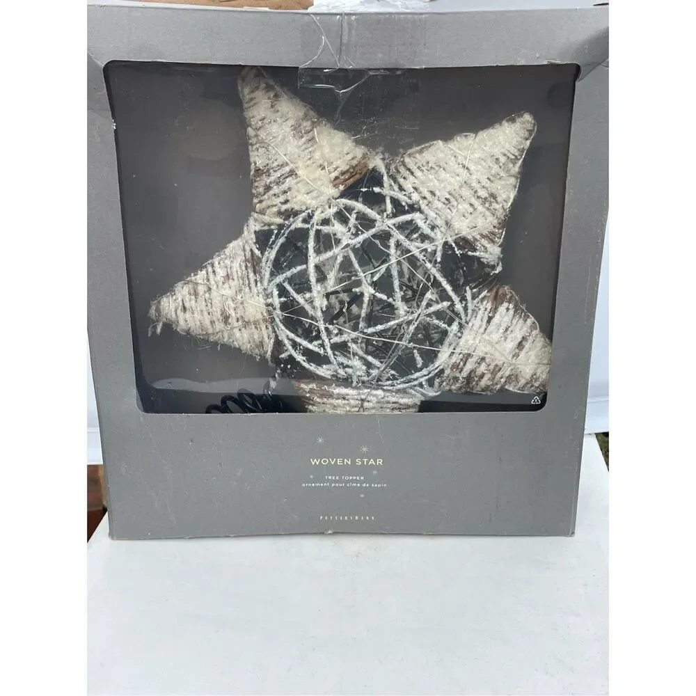 New Pottery Barn Light Up Snowy Star Handcrafted Rattan Tree Topper